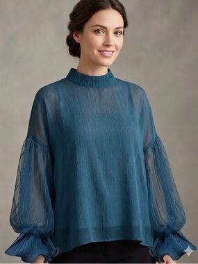 Sheer Mock-Neck Blouse with mesh bubble sleeve and ruffle cuffs - Teal